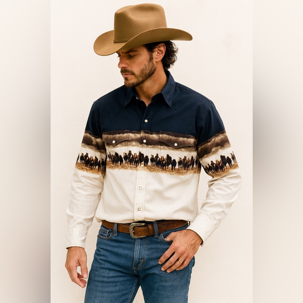 Men's Western Print Button Down Shirt - Black and Cream